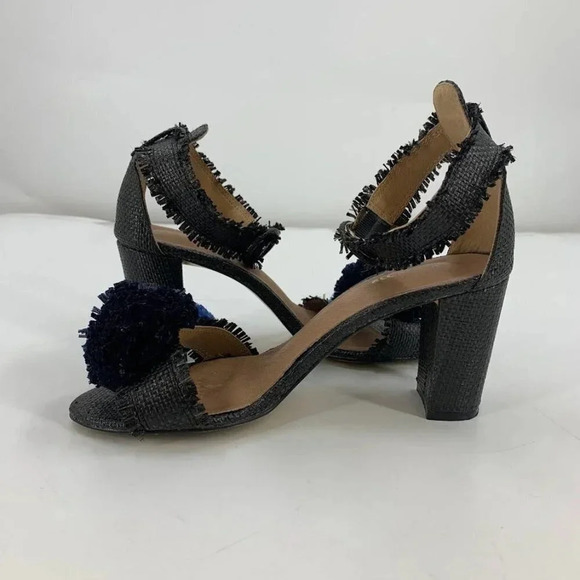 All Black Open-toe Raffia Fringe Pompom Block Heels Ankle Strap Sandals Size 7.5 - Picture 4 of 15